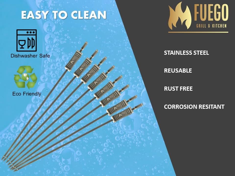 Stainless Steel Skewers | 17.5" Long for Grilling with Slider | Set of 8 | Kabob BBQ Skewers |Kebab | Reusable | Dishwasher Safe |