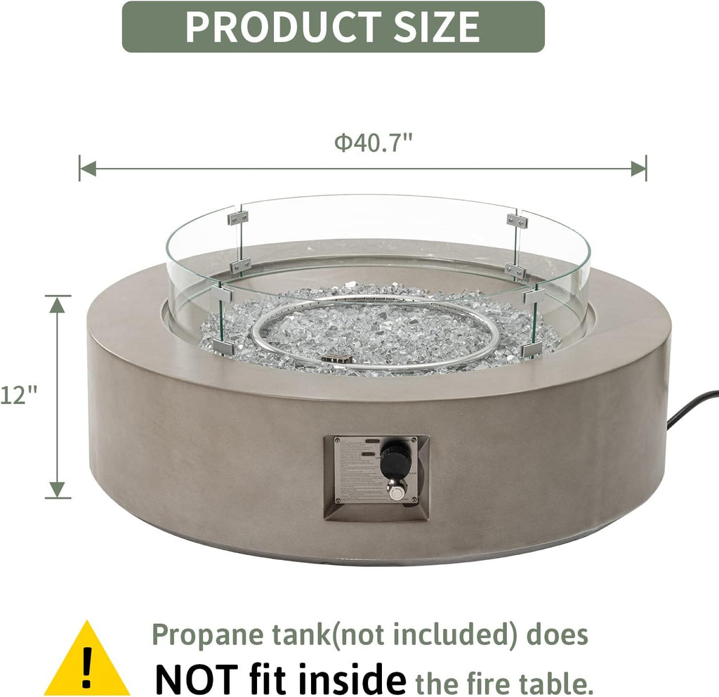 COSIEST Outdoor Propane Fire Pit Coffee Table w Gray 42 inch Round Base Patio Heater, CSA Certified, 50,000 BTU Stainless Steel Burner, Wind Guard, Transparent Gray Fire Glass, Rain Cover