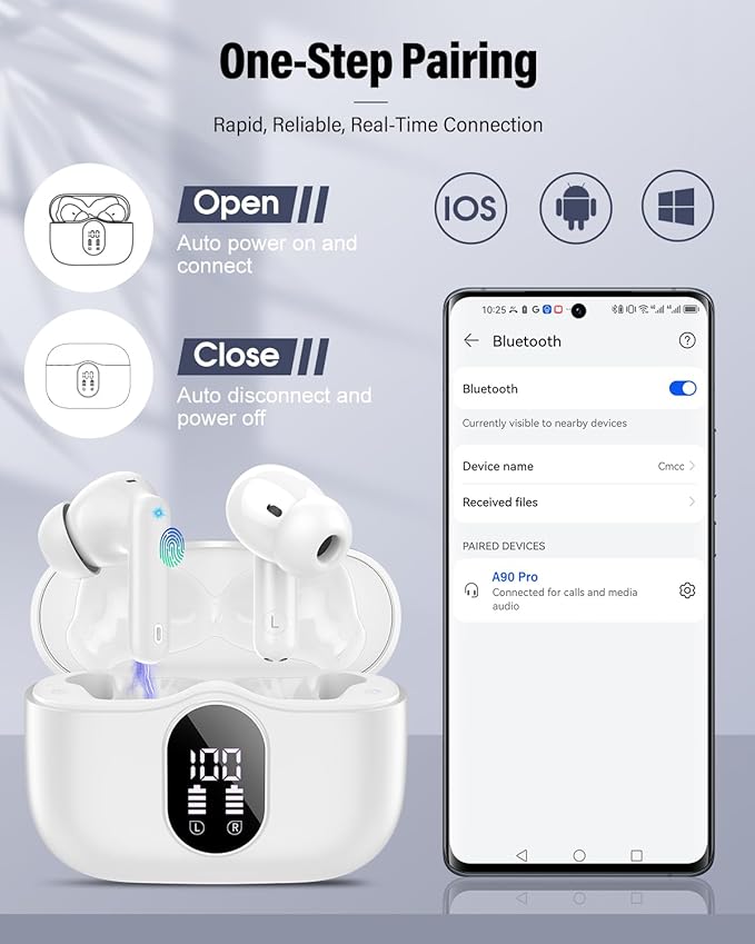 Wireless Earbuds, Bluetooth 5.4 Headphones Bass Stereo, Ear Buds with Noise Cancelling Mic, IP7 Waterproof in Ear Earphones, 36H LED Display Bluetooth Earbuds for Laptop Pad Phones Sports, White