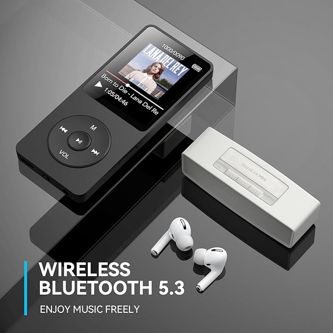 AGPTEK A02 MP3 Player with Bluetooth 5.3, 1.8 inch Screen Portable Music Player with Speaker, FM Radio, Voice Recorder, Supports Expanded Up to 128GB(Black, 32GB)