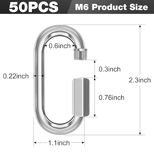 M6-50 Pack 2.3” Quick Links Chain Connectors, 1/4″ Galvanized Chain Locking Carabiners Hooks, 620LBS Heavy Duty Thread Quick Link Clips, Twist Oval Keychain D Shape for Swing, Camping