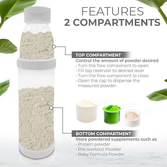 Re-Fill Powder Container To-Go, 2-Compartment Powder Travel Dispenser with Measurements - Powder Container for Protein Powder or Pre-Workout to use On-The-Go (White)