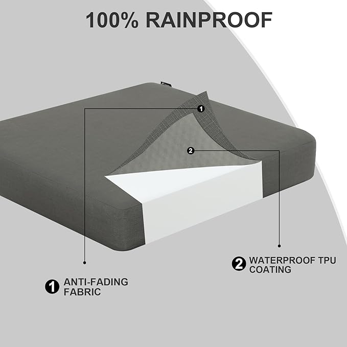 Favoyard Outdoor Chair Cushion 19 x 19 x 3 Inch Rainproof & 3-Year Fade Resistant Patio Furniture Cushions with Removable Cover and Adjustable Ties for Garden Sofa Couch Pads Set of 2, Dark Gray