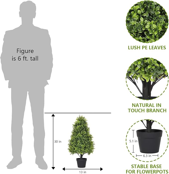30" Artificial Boxwood Faux Plants Outdoor, UV Resistant Topiary Trees Realistic Cone-Shaped Fake Bushes and Shrubs Potted Fakeplants Set of 2 for Front Porch Patio Outside Planter Decor
