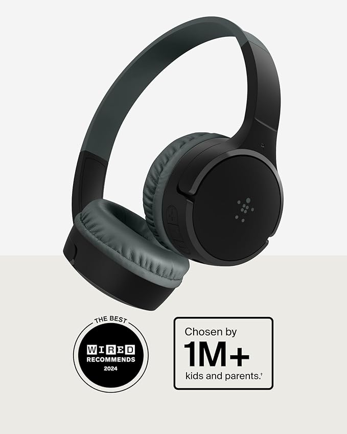 Belkin SoundForm Mini Kids Wireless Headphones w/Built-in Microphone, 30H of Playback Time, Fun Stickers, & Case - Over-Ear Headsets for Online Learning, School, iPhone, iPad, Galaxy, & More - Black