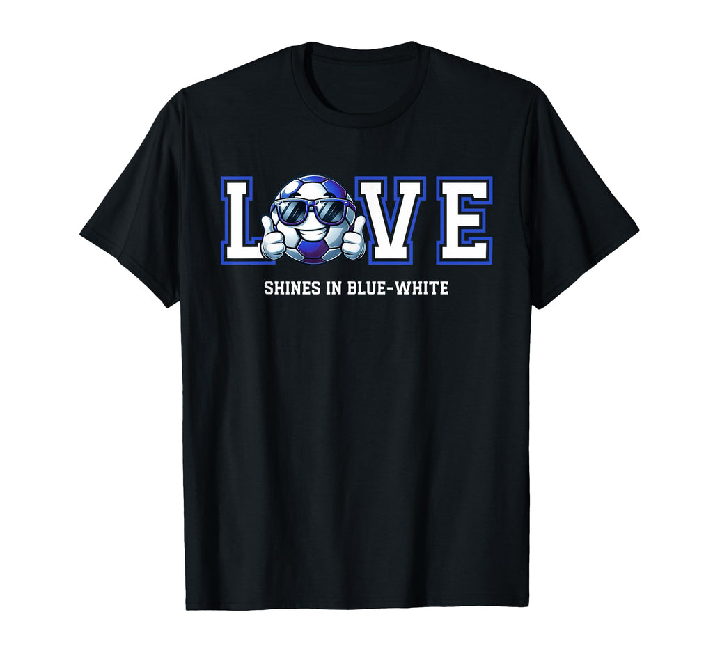Cartoon Soccer Ball Blue White Fans T-Shirt - Trendy Graphic for Adults