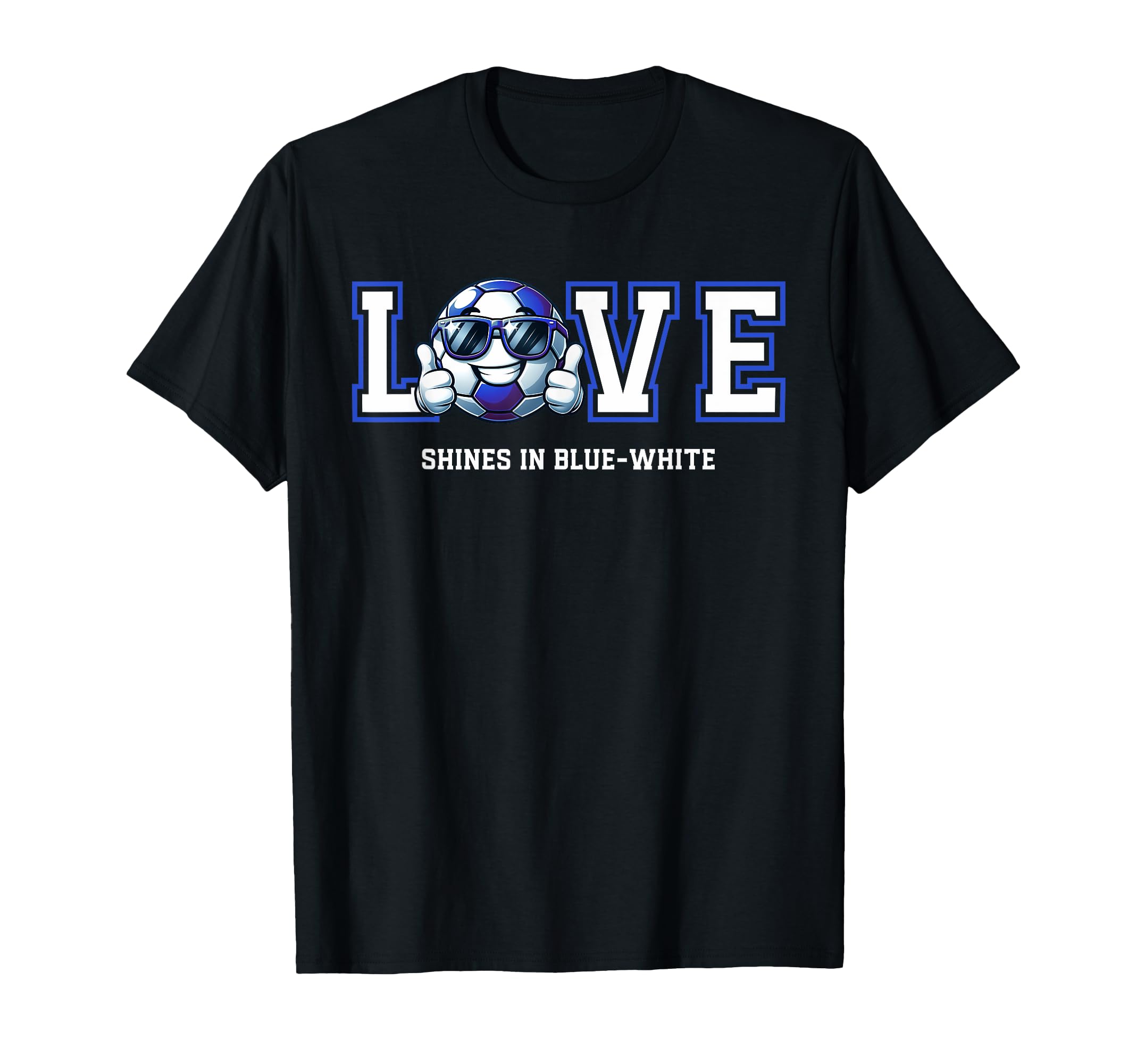 Cartoon Soccer Ball Blue White Fans T-Shirt - Trendy Graphic for Adults