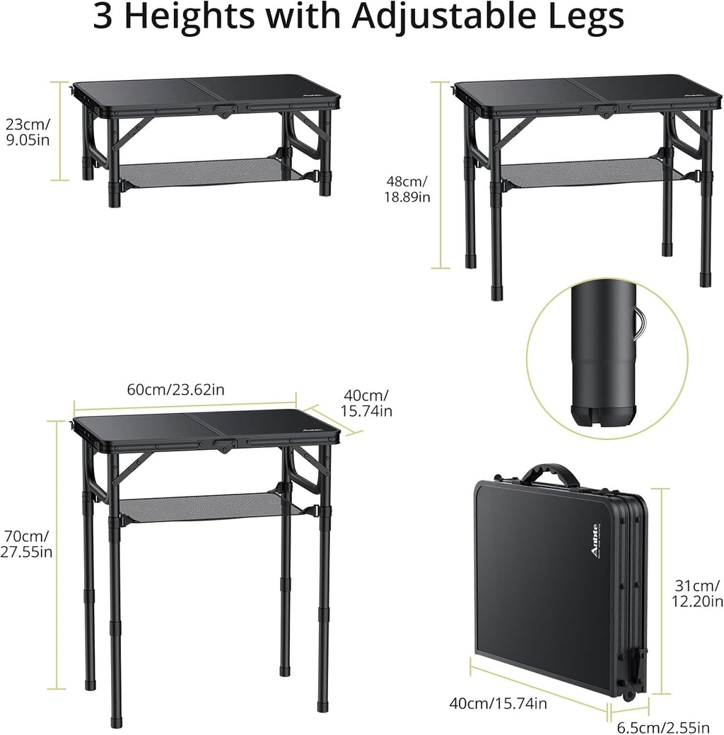 Folding Camping Table with Storage Net, Pure Black Aluminum 2ft Picnic Table 23.2" x 16" Outdoor Table Adjustable Height Max 27.5", Lightweight, Waterproof, Portable Handle for Travel Cooking