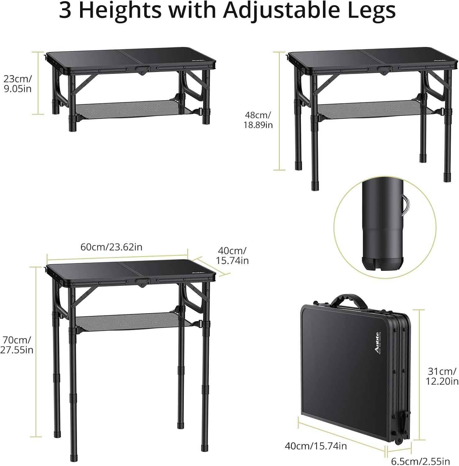 Folding Camping Table with Storage Net, Pure Black Aluminum 2ft Picnic Table 23.2" x 16" Outdoor Table Adjustable Height Max 27.5", Lightweight, Waterproof, Portable Handle for Travel Cooking
