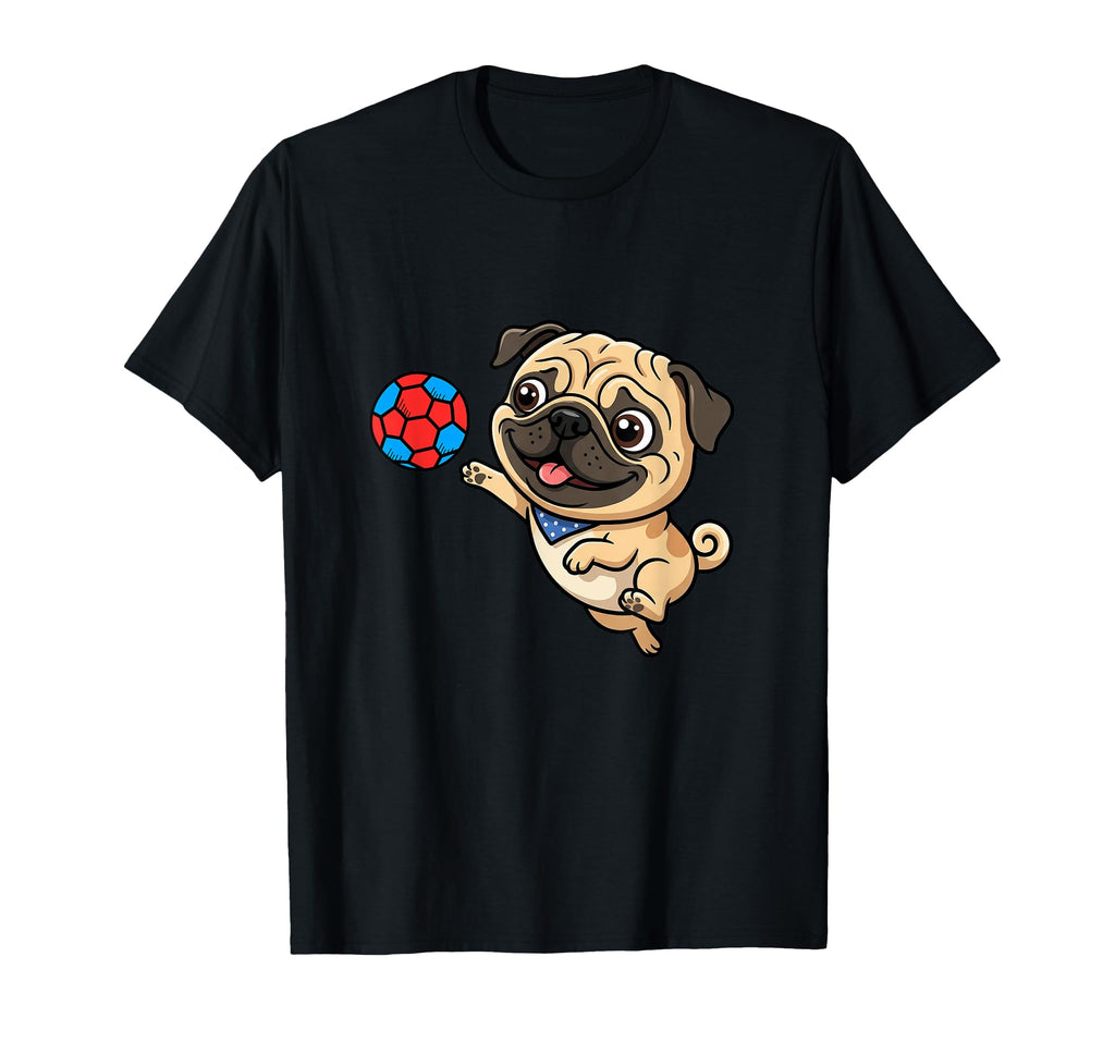 Playful Pug Puppy Soccer Dog Cartoon T-Shirt - Minimalist Print for Adults