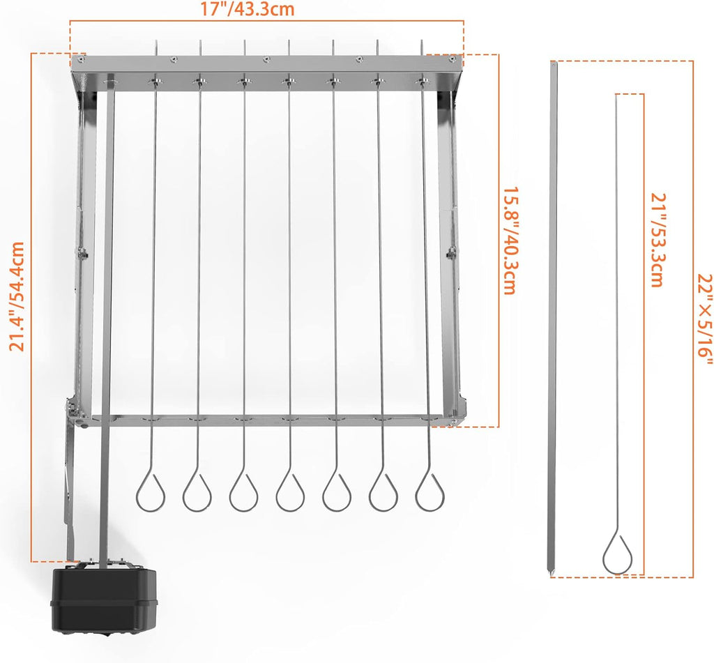 only fire Stainless Steel Electric Skewer Turner, Rotated Grilling Rack Shish Kabob Set with 7 Skewers and Dual-Purpose Rotisserie Motor