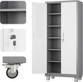 Aobabo 71" H x 32" W x 16" D Metal Storage Cabinet with Wheels, Garage Steel Storage Cabinet with 5 Adjustable Shelves and 4 Hooks for Home Office School, Assembly Required, Grey White