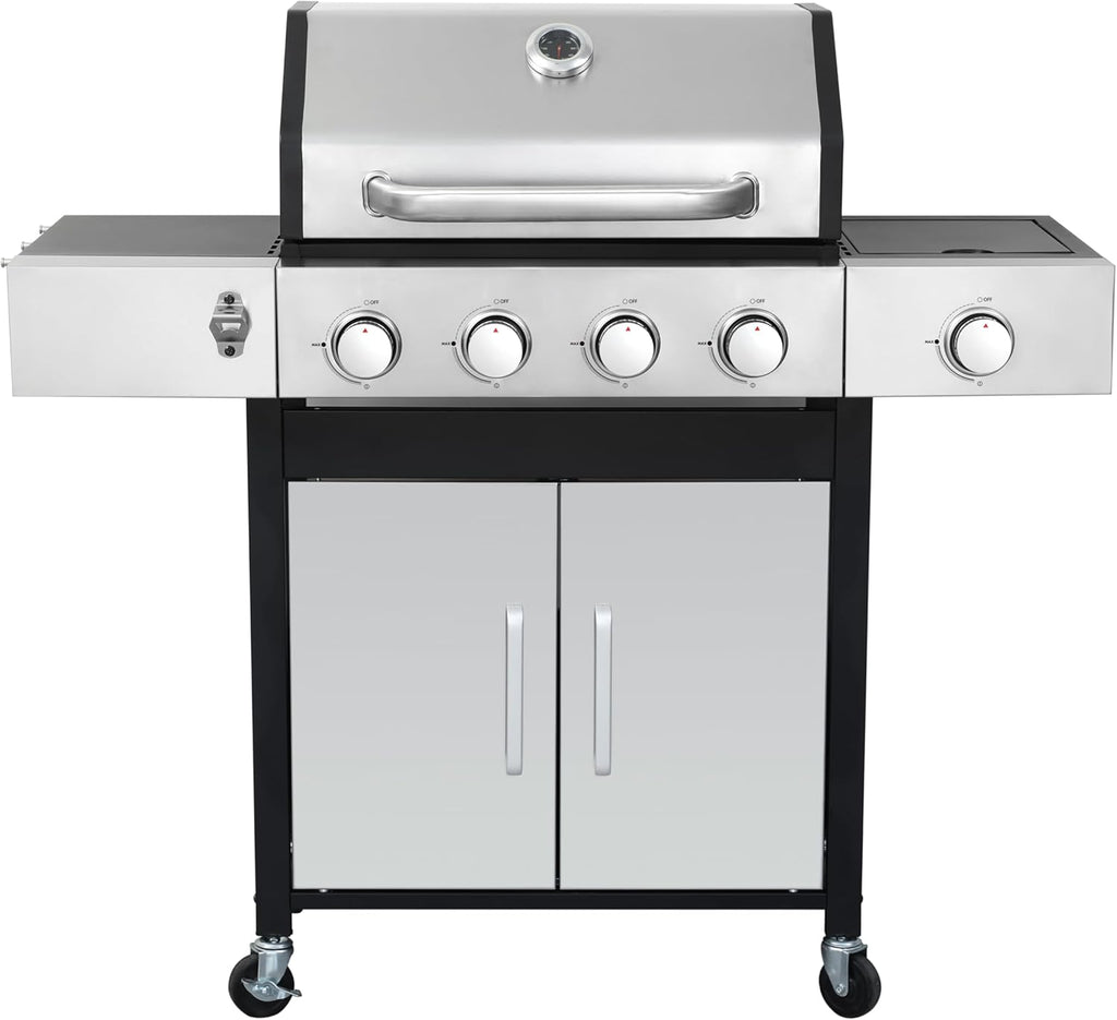 4-Burner Propane Gas BBQ Grill with Side Burner, 46,790 BTU Output, Enameled Cast Iron Grates, Heavy-Duty Stainless Steel Outdoor Grill for Backyard Barbecue