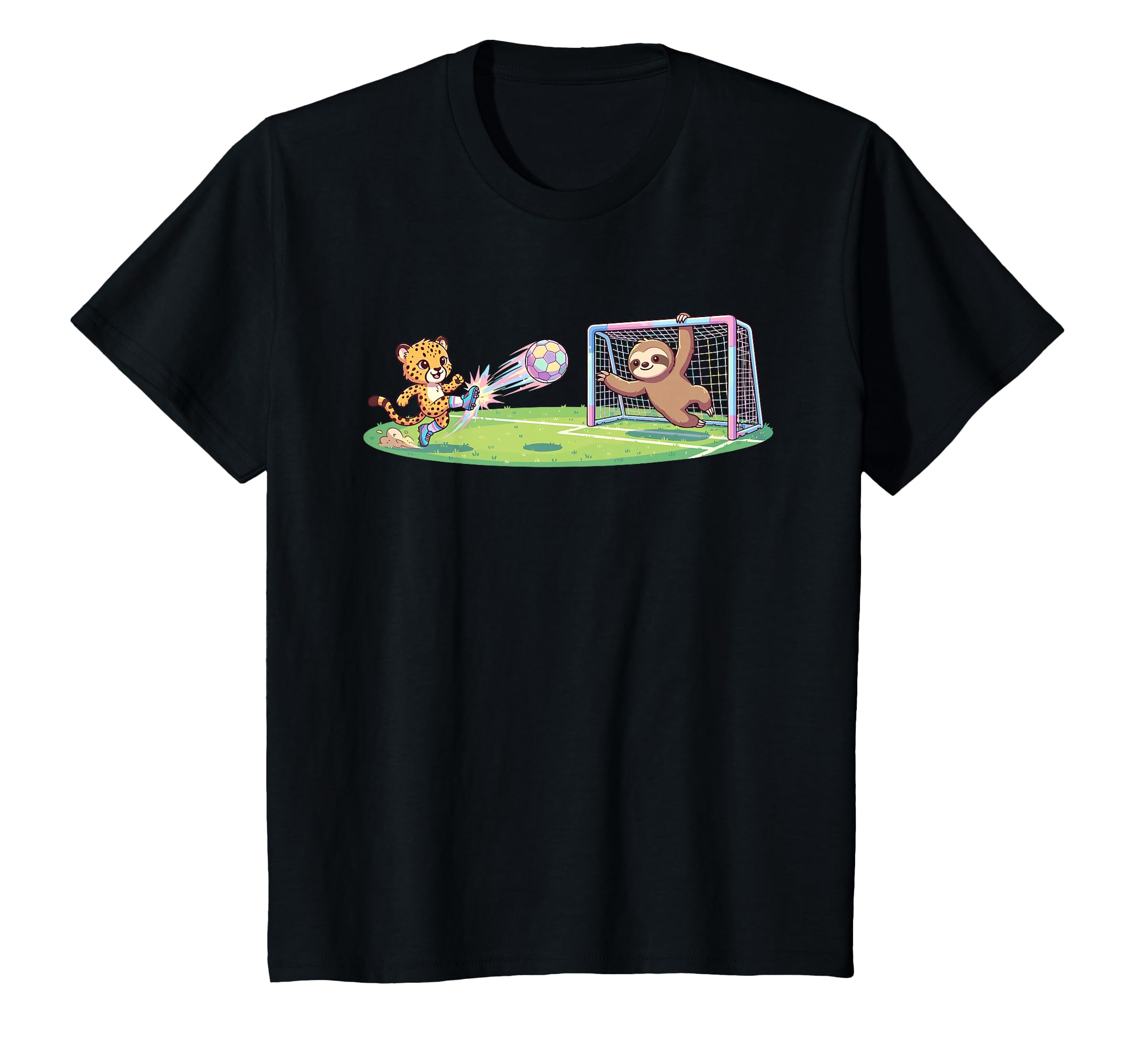Cheetah Kicks Ball Sloth Goalie T-Shirt - Novelty Apparel for Adults