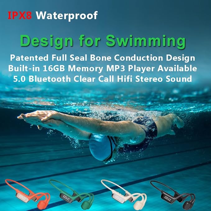 IHAO Swimming Headphones True Bone Conduction Open Ear Headset MP3 Player Built-in 32G Memory IP68 Underwater Waterproof Stereo Bluetooth Earphone for Driving Bicycling Running Skiing-S10 White