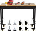 48x24 Inch Heavy-Duty Adjustable Workbench with Rubber Wood Top – 2000LB Capacity Mobile Garage Workstation, Locking Wheels, Power Outlets, Ideal for Workshop, DIY & Tool Storage (Black)
