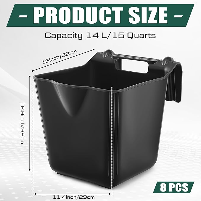 Marsui 8 Pcs 15 Quart Horse Feeders for Stall Hook Over Hanging Fence Hay Feeder Mountable Livestock Plastic Feed Bucket for Farm Stalls Pasture, Stable to Feed Horses Sheep Cattle Cows Etc (Black)