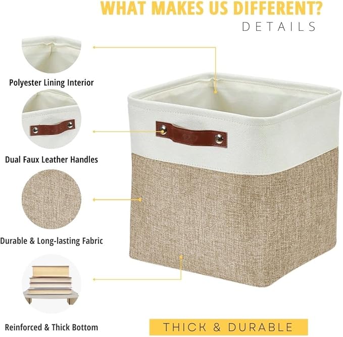 DECOMOMO Storage Cubes, 11x11 Cube Storage Bins, Baskets for Shelves (Beige & White, Cube 11" - 4 Pack)