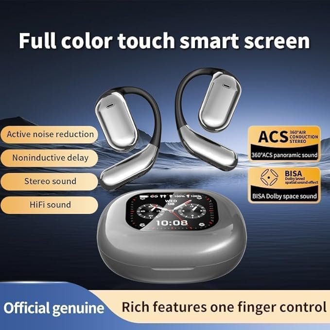 Open Ear Earbuds Intelligent Touch Screen Ultra Comfort Bluetooth 5.4 Headphones Over The Ear Earphones with Ear Hooks IPX7 Waterproof Bone Conduction Earbuds for Running Fitness Sport Workouts,Grey3