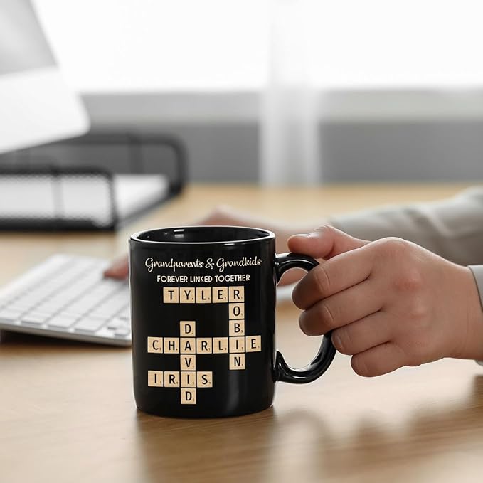 Family Forever Linked Together Custom Names Ceramic Mug, Crossword Puzzle Art, for Birthday, Anniversary or Special Occasions (Grandparents & Grandkids Forever Linked Together Black Mug)