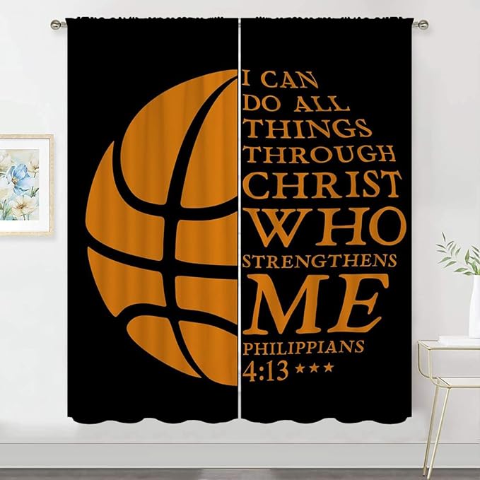 Basketball Blackout Curtains for Boy Girl Room Darkening Decor,Sport Theme and Motto Dark Background Bedroom Living Room Home Rod Pocket Thermal Insulated Window Curtain/Drapes Panel,63x63 Inch…