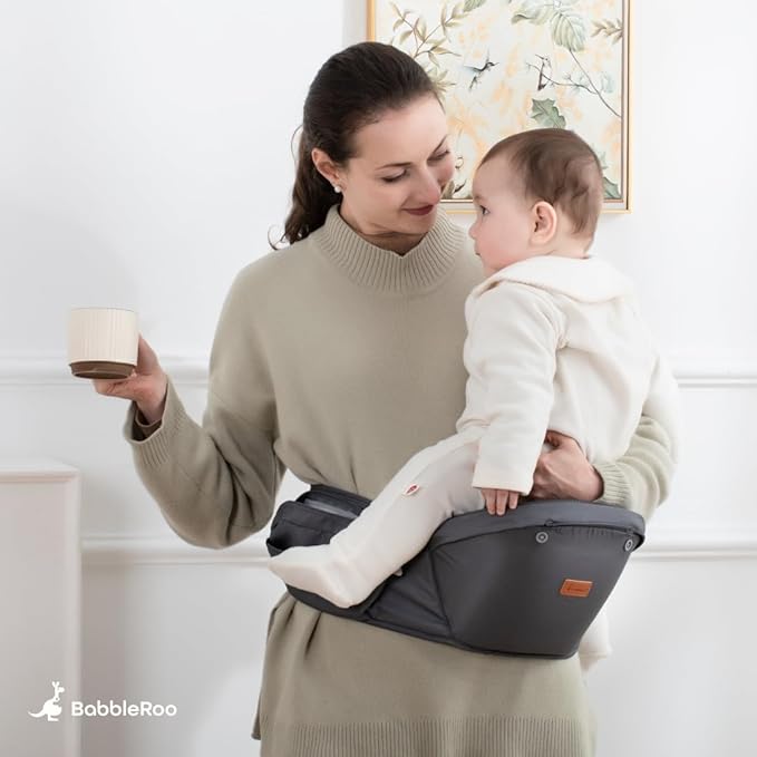 BabbleRoo Grow Carrier – Safety-Certified 6-in-1 Baby Carrier with Hip Seat, Ergonomic & Adjustable Toddler Carrier 7-50 lbs with Hip Support, Hood for Sun Protection, Newborn to Toddler, Navy Hearts
