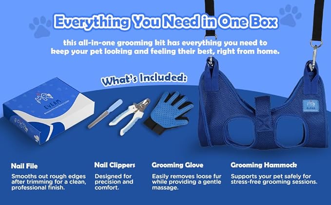Pet Grooming Hammock for Cats & Small Dogs – Nail Clipping Kit with Sling, Clippers, File, Glove, Straps & Carabiners – Ideal for Trimming & Ear Cleaning – [S/XS] (Black, Small)
