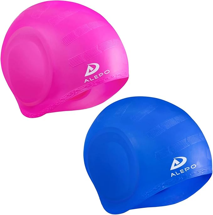 2 Pack Unisex Swim Caps with 3D Ear Protection, Durable Flexible Silicone Swimming Hats for Women Men Kids Adults, Bathing Swimming Caps for Short/Long Hair with Ear Plugs&Nose Clip