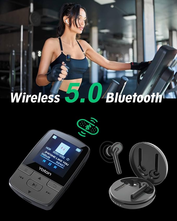YOTON MP3 Player with Bluetooth 5.2, 64GB, HiFi-Music, with Sports Clip and Independent Volume Button, FM Radio, Earphones Included