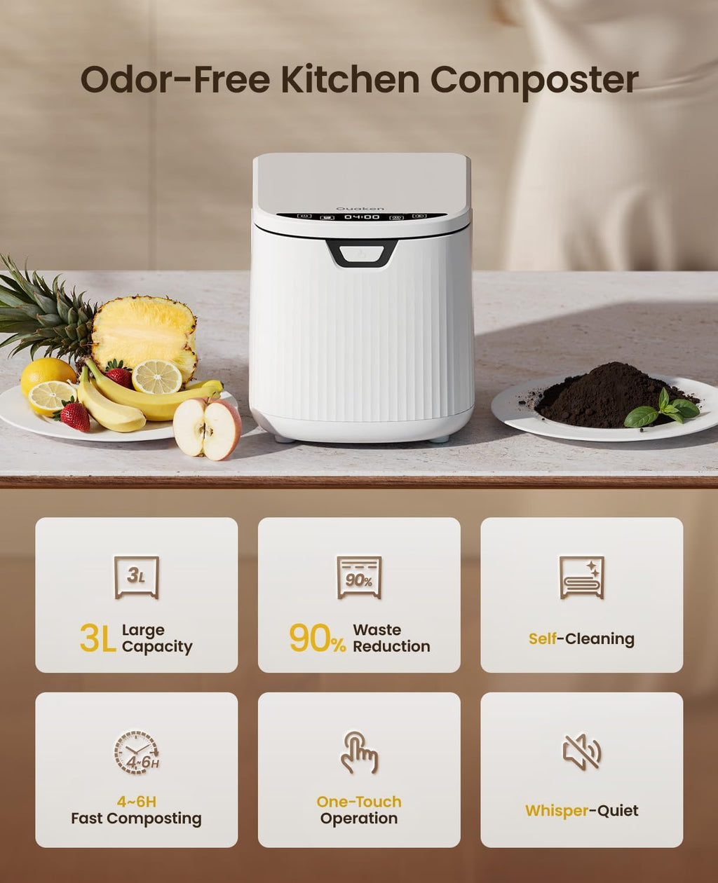 Electric Composter for Kitchen,Ouaken 3L Indoor Kitchen Waste Compost Machine Countertop Smart Composting Bin,Compact Food Recycler for Home with Low Noise,Odorless,Auto-Clean,LED Display