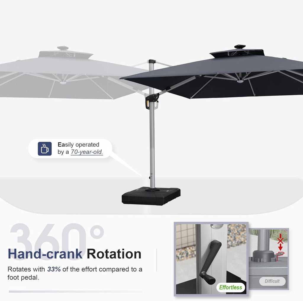 PURPLE LEAF 10 Feet Double Top Deluxe Solar Powered LED Square Patio Umbrella Offset Hanging Umbrella Outdoor Market Umbrella Garden Umbrella, Grey