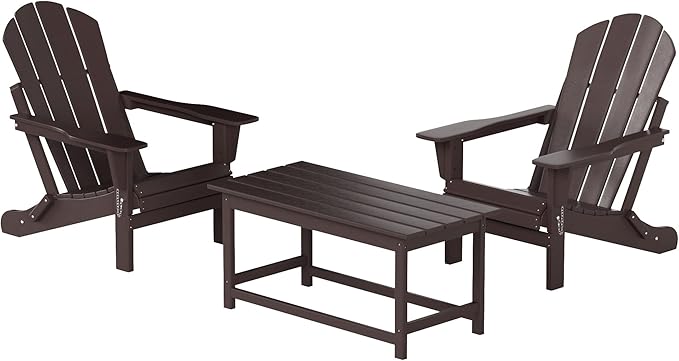 WO Home Furniture Adirondack Chairs Table Set of 3 PCS Outdoor Folding Chairs Coffee Table Weather/UV Resistant for Lawn, Garden, Bon Fire, Balcony (Dark Brown)
