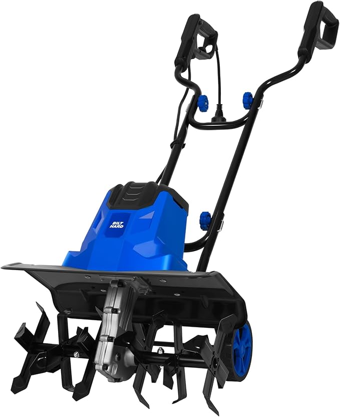 BILT HARD 14-Amp 18-Inch Electric Tiller Cultivator, 8'' Tilling Depth Corded Garden Rototiller, 6 Steel Front Tines Roto Tillers with Adjustable Wheels & Foldable Handle for Garden Lawn Soil Digging