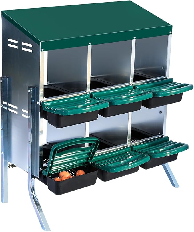 Nesting Boxes for Chickens, Chickens Laying Boxes for Chicken Coop with Legs, 6 Compartments Chicken Nesting Boxes, with Removable Tray, Easy Cleaning, for Hens Outdoor Chicken Coop Farm Yard, Green