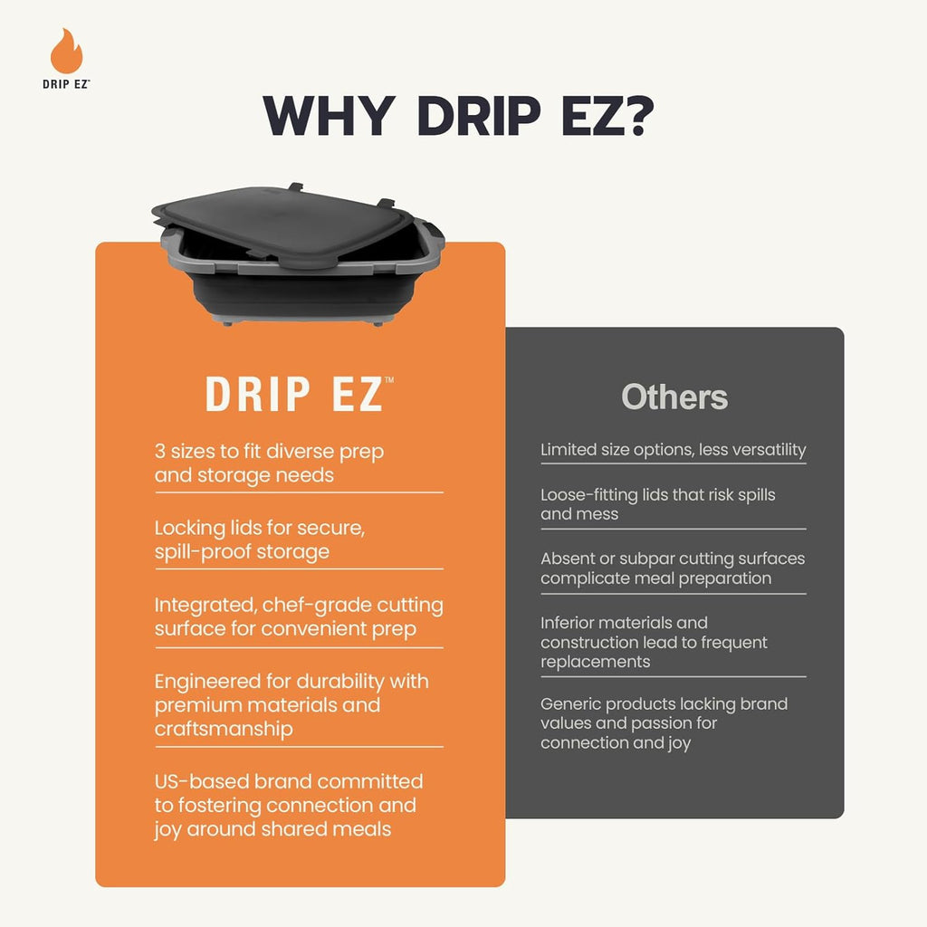 Drip EZ Collapsible BBQ Prep Tubs 3-Piece Set- For Meal Prep Marinating Food Storage - Includes Cutting Board & Lid - (1) JR + (1) OG + (1) XL - Orange