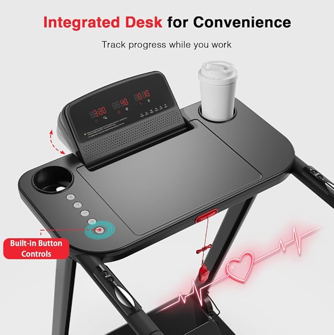 Redliro Treadmill for Seniors with Long Handrails - Recovery Machine for Walking 300 lbs Weight Capacity - Walking Treadmill Elderly with Desk & Cup Holder (Glossy Black)
