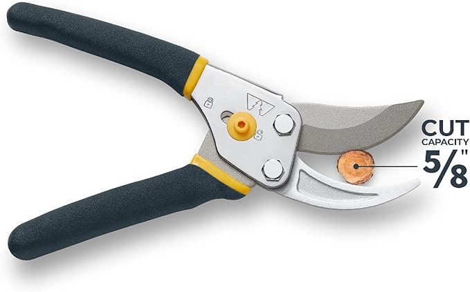 Woodland Tools Co. Bypass Pruning Shears for Gardening – 5/8" Cut Capacity, High Carbon Steel Blade with Non-Stick Coating, Soft Grip, Steel Handle, Hand Pruner for Plants, Flowers, and Shrubs
