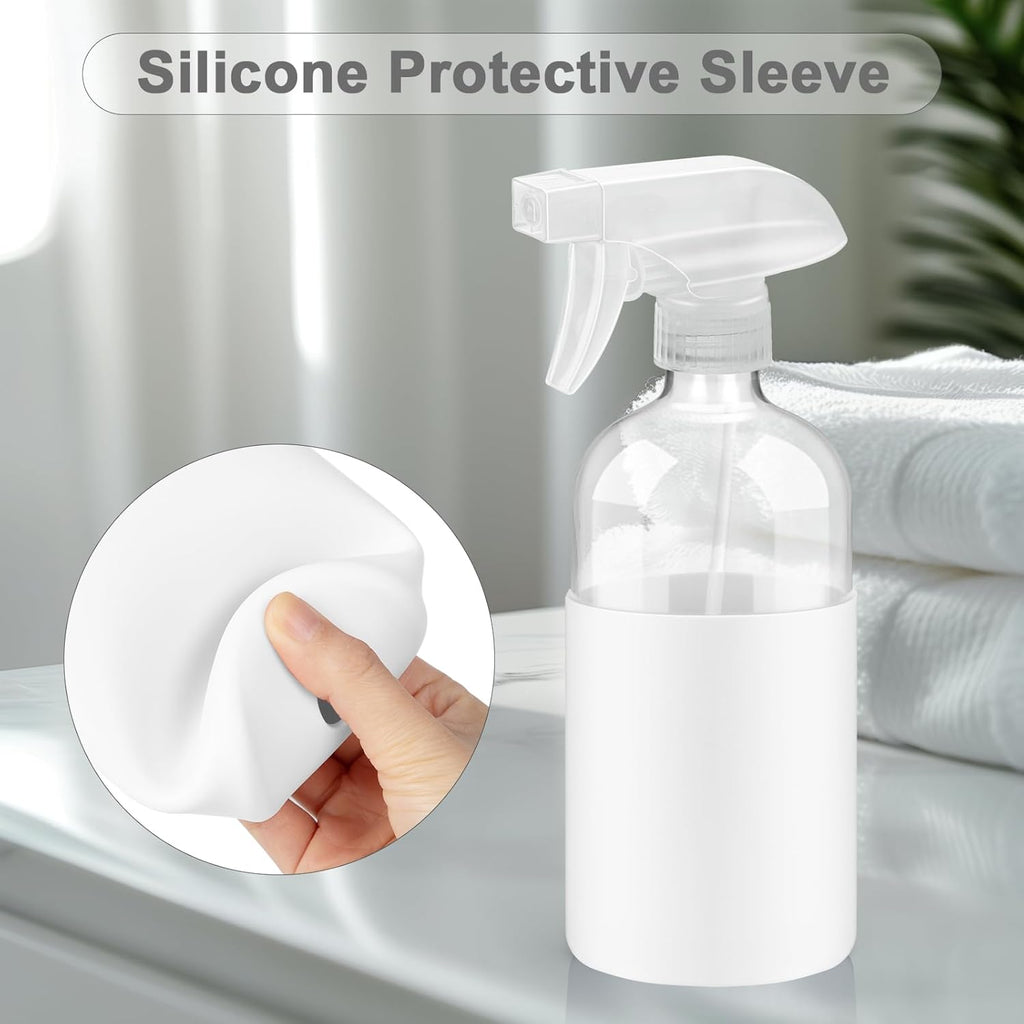 2 Pack Glass Spray Bottles with Silicone Sleeve, 16 oz Empty Refillable Containers with Adjustable Spray Nozzles, Spray Bottles for Hair, Cleaning Solutions and Plants White