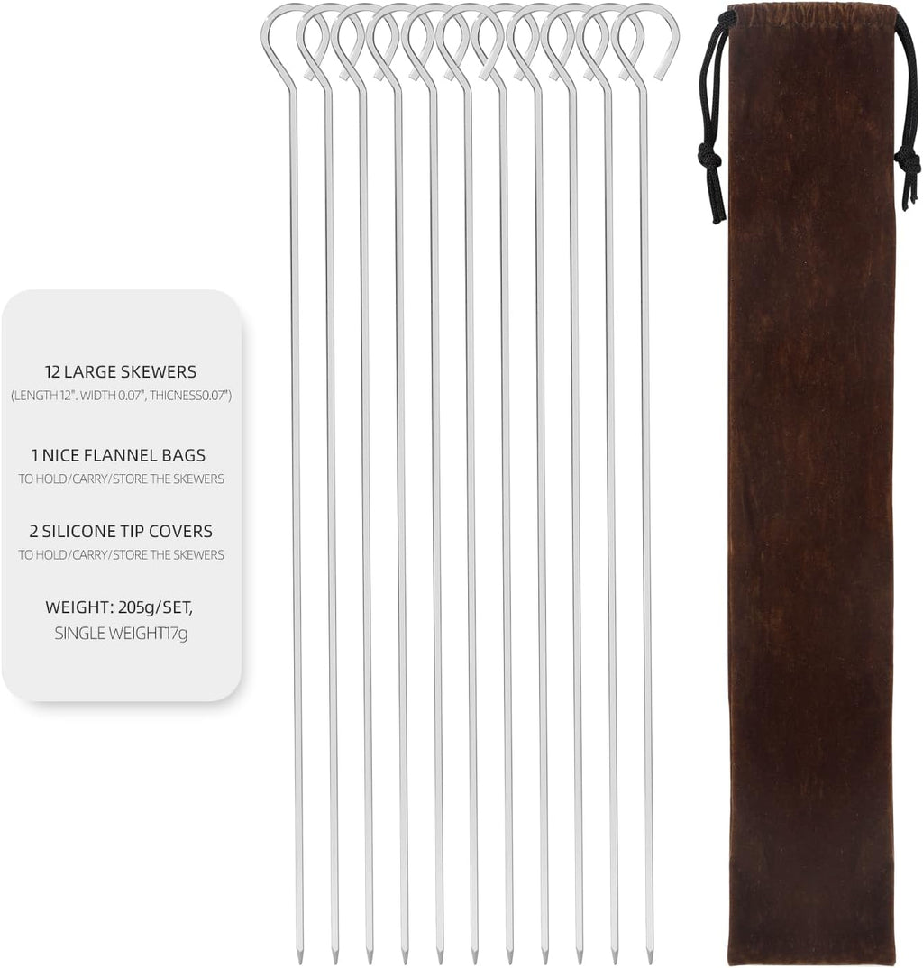12" 12 Pack - Metal Skewers Reusable Kabob Skewers BBQ Barbecue Skewers for Grilling, Stainless Steel