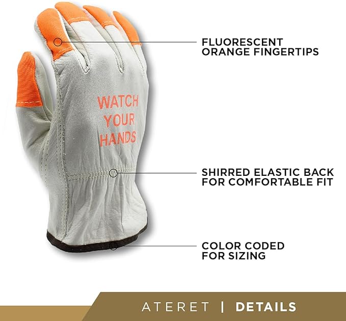 ATERET 12 Pairs Hi Vis Heavy Duty Durable Cowhigh Leather Work Gloves