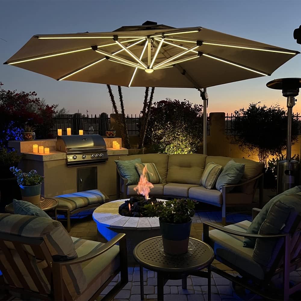 PURPLE LEAF 11ft Solar powered LED Patio Umbrella Outdoor Round Umbrellas Large Cantilever Umbrella with LED lights Windproof Offset Umbrellas Heavy Duty for Garden Deck Pool Patio, Beige