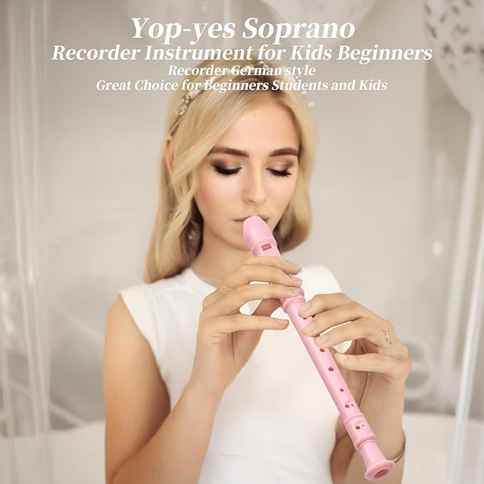Soprano Recorder Instrument for Kids Beginners Student German Fingering C Key Recorder Instrument 3 Piece with Cleaning Rod and Bag Fingering Chart (Bright pink)