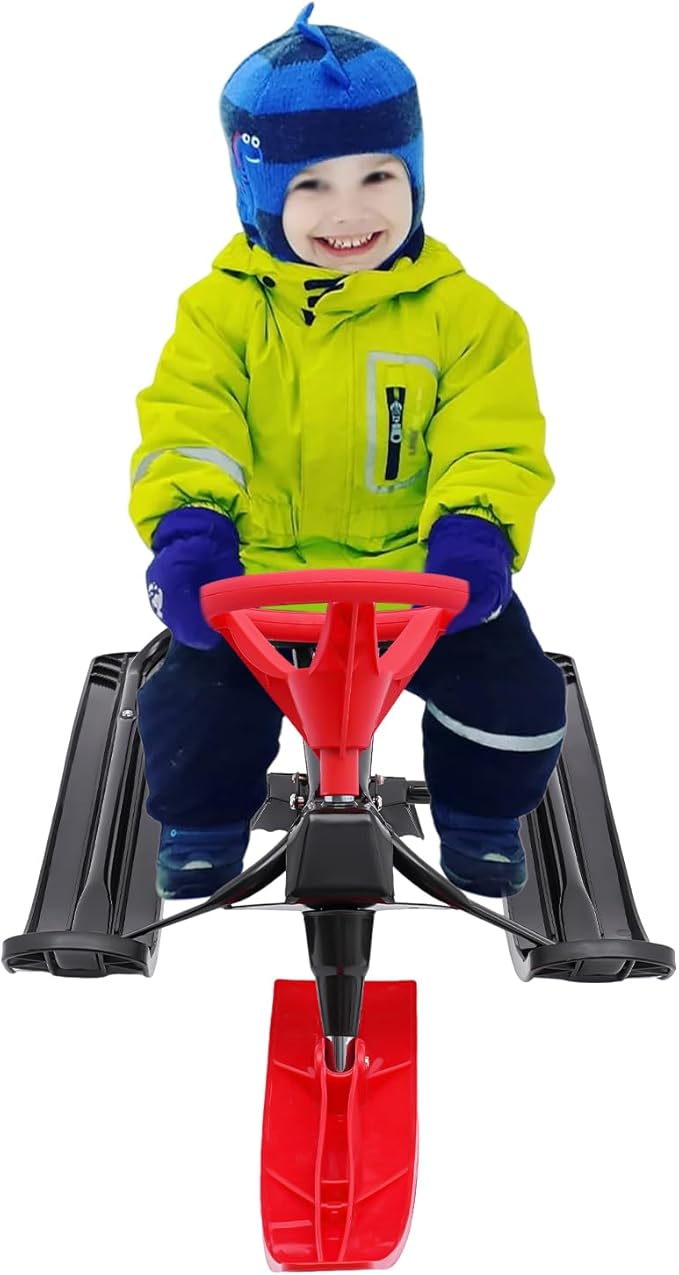 Snow Racer Sled for Kids, Dual Brakes Snowmobile Sled Ski with Steering Wheel, Snow Sledge for Skiing, Ice Skating, Sand Skating, Single Rider 45 x 20 x 15 inches