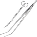 2PCS 15" Curved Aquarium Tweezers Long and 9.8" Aquarium Scissors, Feeding Tongs and Scissors with Protective Cap, Stainless Steel Aquascaping Tools for Plant Trimming and Reptile Feeding