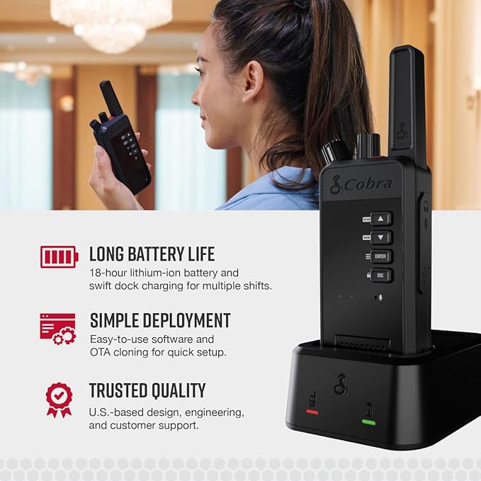 Cobra Performa 400 Business Radio (1-Pack with Dock) - 2-Channel UHF/LMR Professional Two Way Radio, Waterproof Walkie Talkie, Drop Proof, Shockproof IP67 & MIL-SPEC Rated, 18-Hour Li-Ion Battery