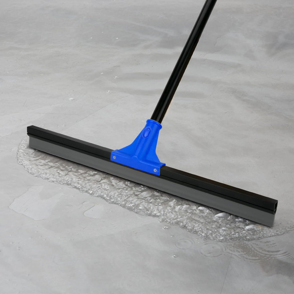 Floor Squeegee for Concrete and Tile Cleaning, 24'' Rubber Wiper Broom, Large Heavy Duty Water Scraper with 60'' Long Handle for Garage, Deck, Bathroom, Shower Glass, Window