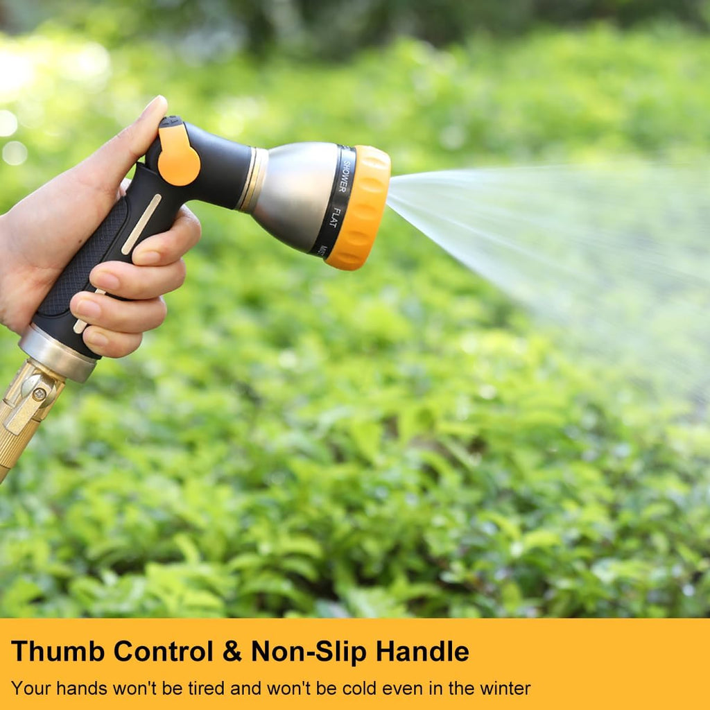 FANHAO Garden Hose Nozzle, 100% Heavy Duty Metal Spray Nozzle with Thumb Control, High Pressure Water Nozzle with 8 Adjustable Spray Patterns for Watering Plants, Washing Cars and Showering Pets
