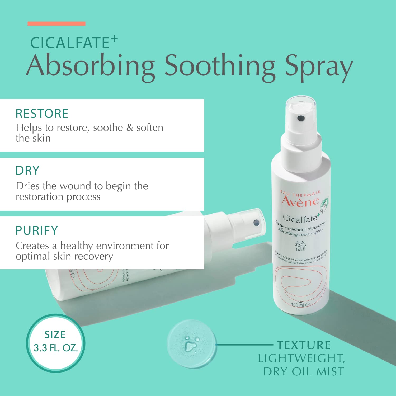 Avene Cicalfate+ Absorbing Soothing Spray for Sensitive Skin - 3.38 fl oz, Dermatologically Tested