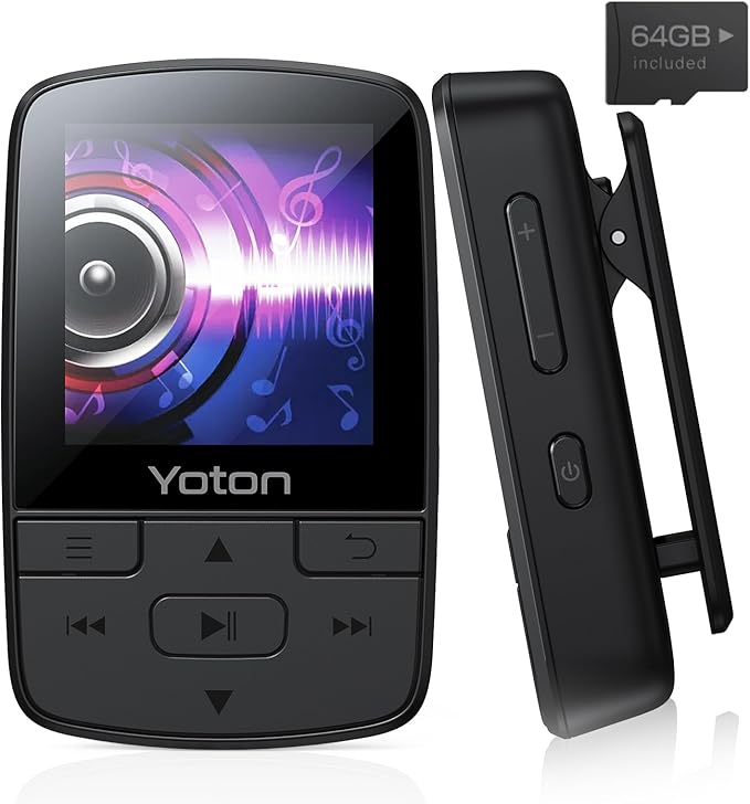 YOTON MP3 Player with Bluetooth 5.2, 64GB, HiFi-Music, with Sports Clip and Independent Volume Button, FM Radio, Earphones Included