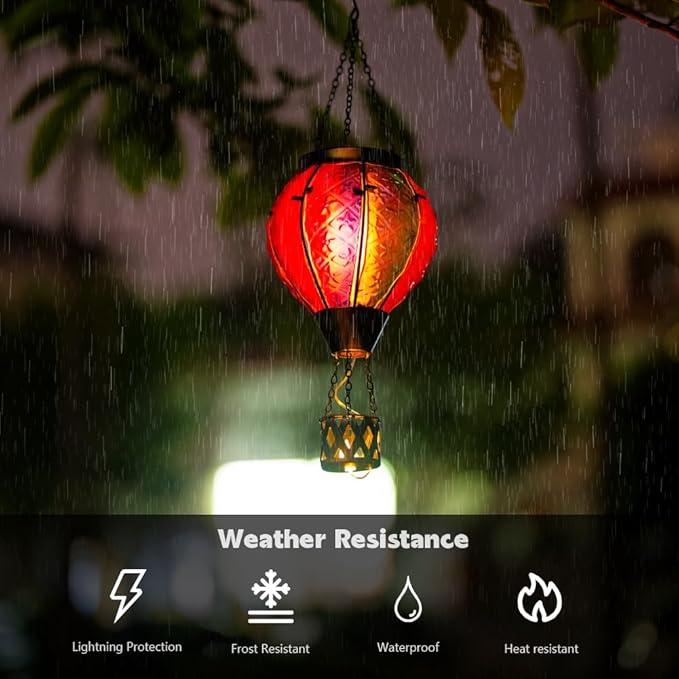 2PCS Hot Air Balloon Solar Lantern with Flame Flickering Light LED Glass Hanging Solar Lanterns Outdoor Waterproof Hot Air Balloon Decoration Outdoor Light for Patio Tree Yard Garden Decor
